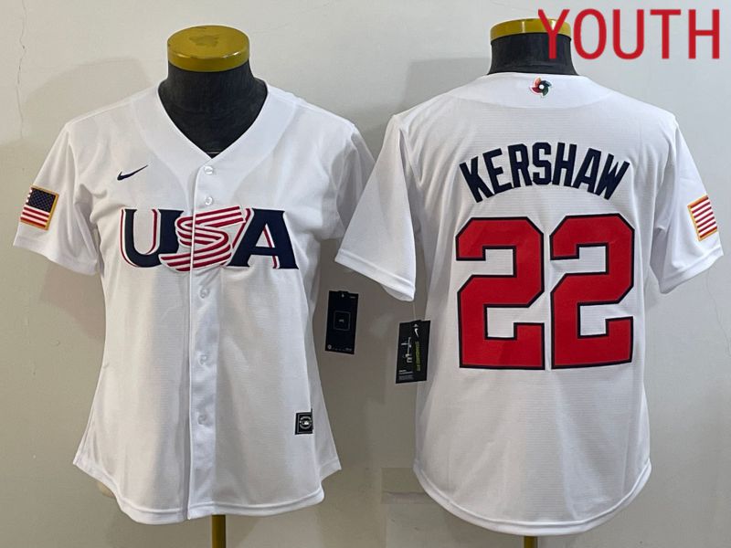 Youth 2023 World Cub USA #22 Kershaw White MLB Jersey->youth mlb jersey->Youth Jersey